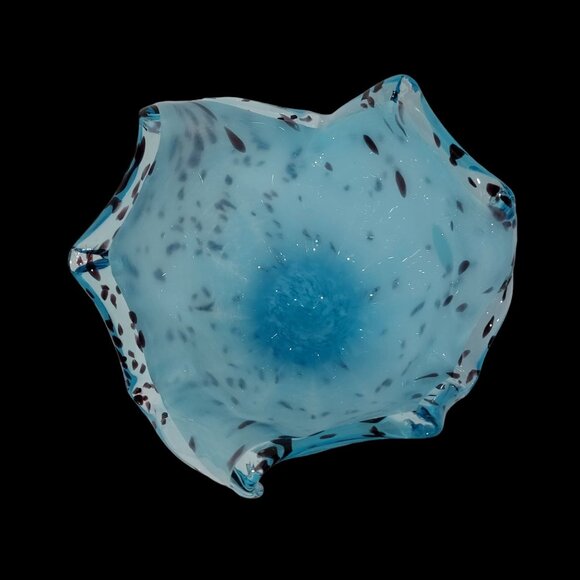 Murano Free Form Hand-Blown Blue Black Speckled Glass Vase Bowl Tulip Flower - Picture 3 of 10